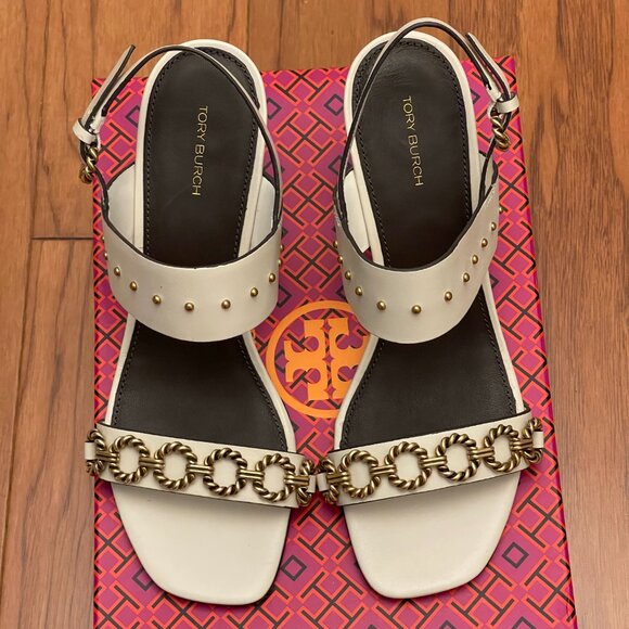 NWT & BOX - TORY BURCH – VINTAGE PLAQUE WEDGE SANDAL - NEW IVORY, SIZE 9 - Picture 8 of 9